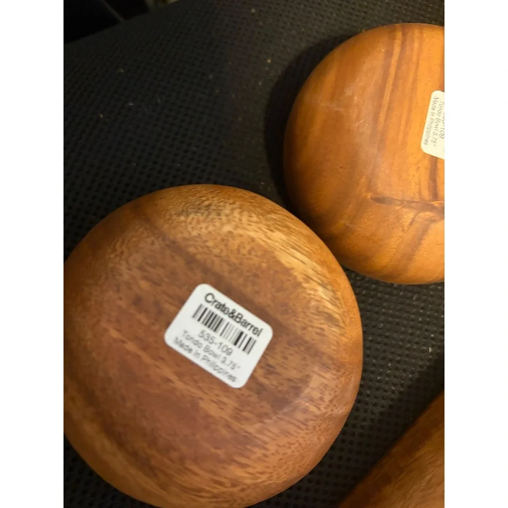 Crate‎ & Barrel Tondo Serving Set Brown Acacia Wood Platter and 3 Bowls